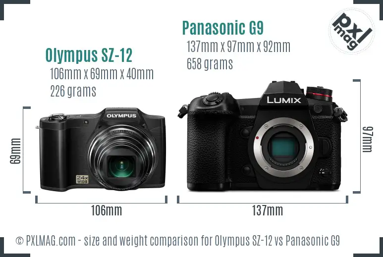Olympus SZ-12 vs Panasonic G9 size comparison