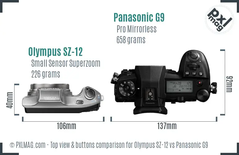 Olympus SZ-12 vs Panasonic G9 top view buttons comparison