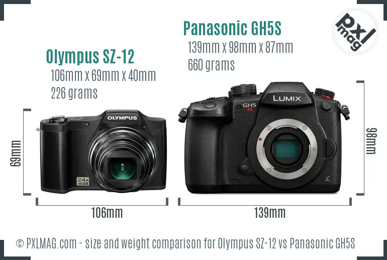 Olympus SZ-12 vs Panasonic GH5S size comparison