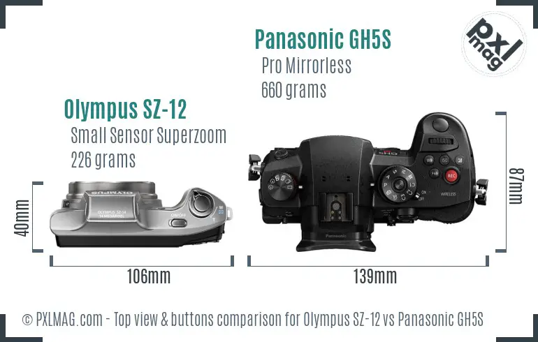Olympus SZ-12 vs Panasonic GH5S top view buttons comparison