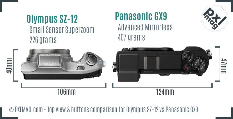 Olympus SZ-12 vs Panasonic GX9 top view buttons comparison