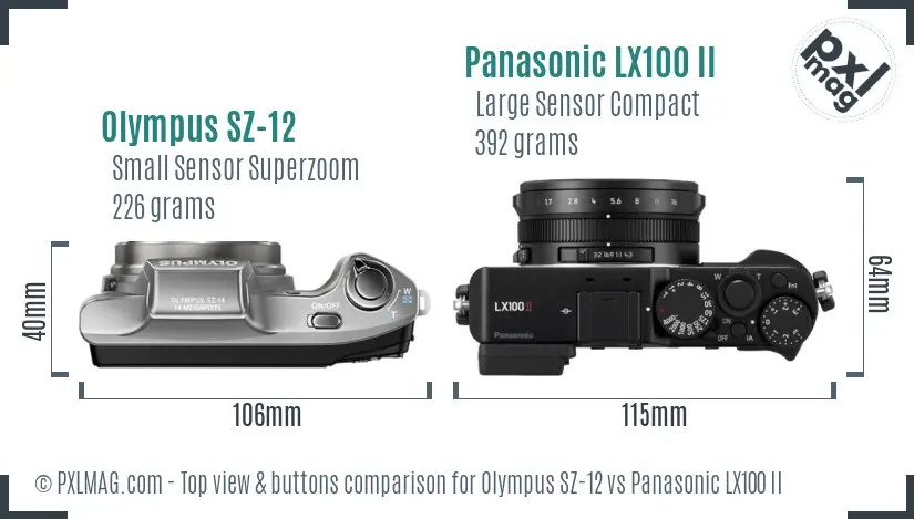 Olympus SZ-12 vs Panasonic LX100 II top view buttons comparison