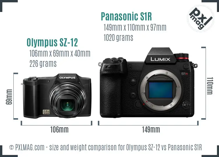 Olympus SZ-12 vs Panasonic S1R size comparison