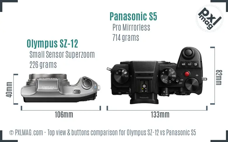 Olympus SZ-12 vs Panasonic S5 top view buttons comparison