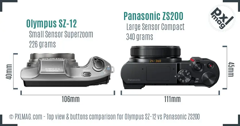 Olympus SZ-12 vs Panasonic ZS200 top view buttons comparison