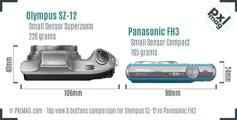 Olympus SZ-12 vs Panasonic FH3 top view buttons comparison