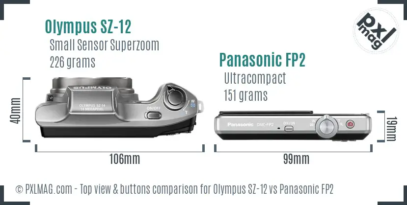 Olympus SZ-12 vs Panasonic FP2 top view buttons comparison