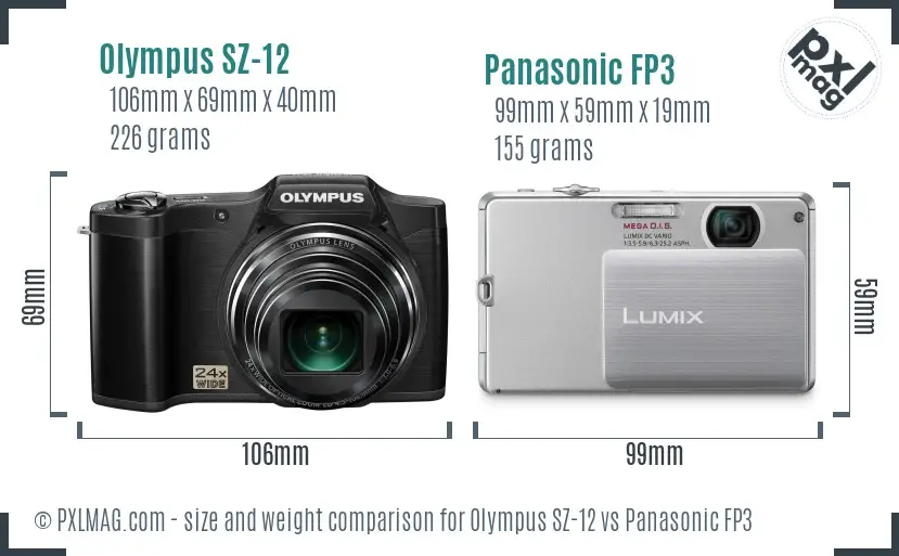 Olympus SZ-12 vs Panasonic FP3 size comparison