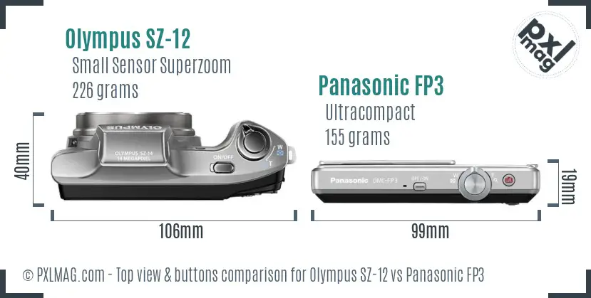 Olympus SZ-12 vs Panasonic FP3 top view buttons comparison