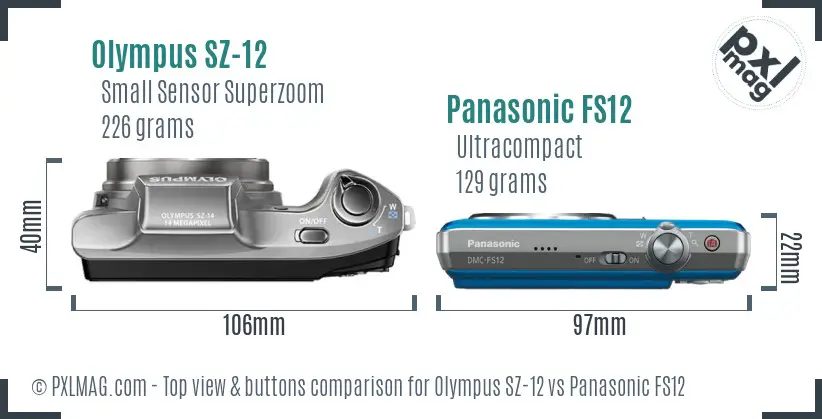 Olympus SZ-12 vs Panasonic FS12 top view buttons comparison