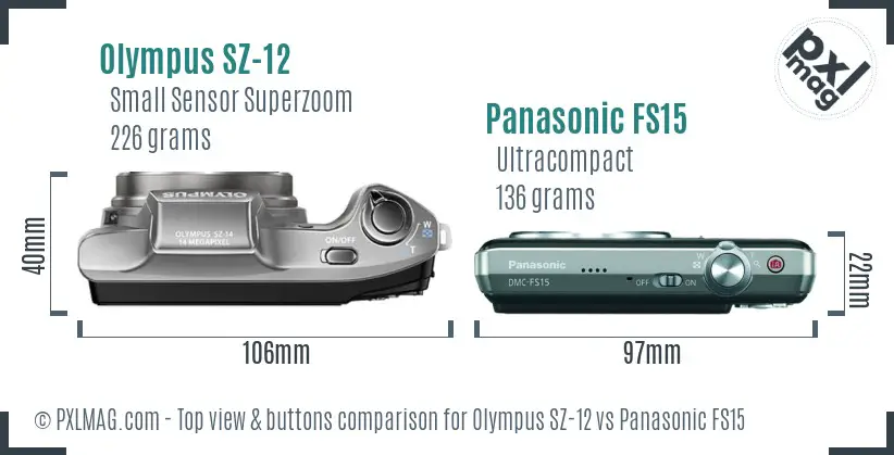 Olympus SZ-12 vs Panasonic FS15 top view buttons comparison