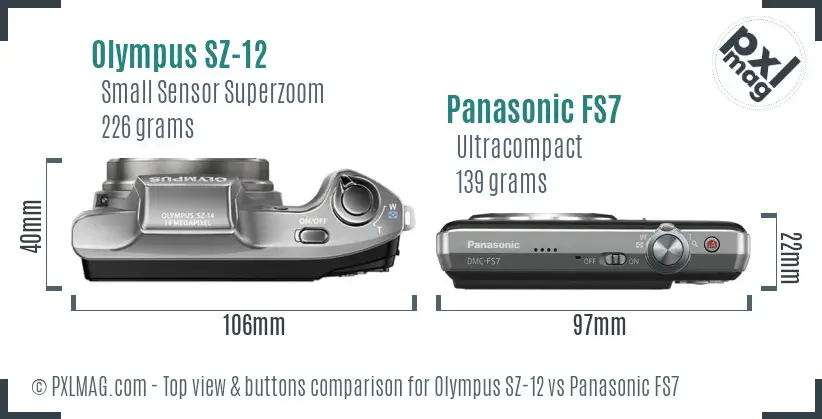 Olympus SZ-12 vs Panasonic FS7 top view buttons comparison