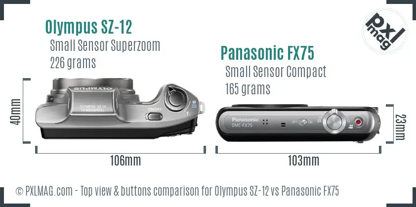 Olympus SZ-12 vs Panasonic FX75 top view buttons comparison