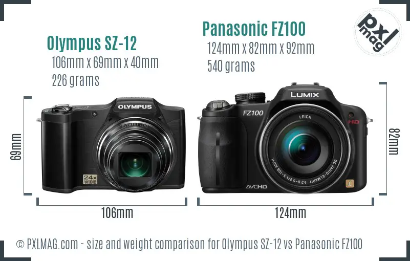 Olympus SZ-12 vs Panasonic FZ100 size comparison