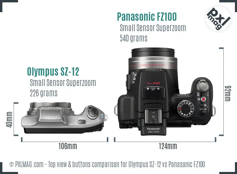 Olympus SZ-12 vs Panasonic FZ100 top view buttons comparison