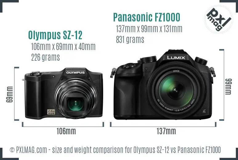 Olympus SZ-12 vs Panasonic FZ1000 size comparison