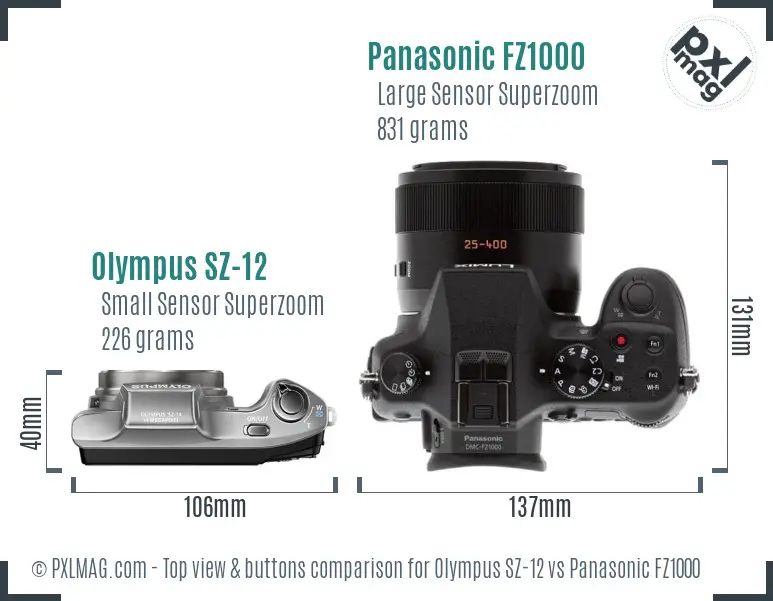 Olympus SZ-12 vs Panasonic FZ1000 top view buttons comparison