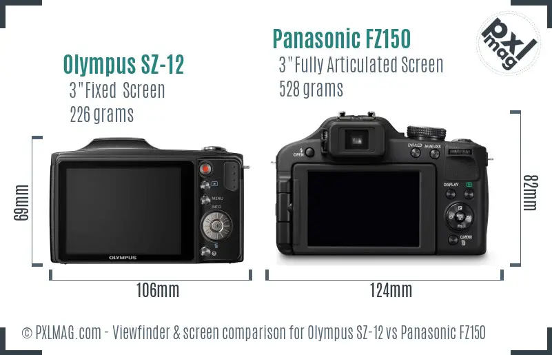 Olympus SZ-12 vs Panasonic FZ150 Screen and Viewfinder comparison