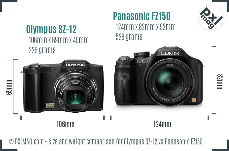 Olympus SZ-12 vs Panasonic FZ150 size comparison