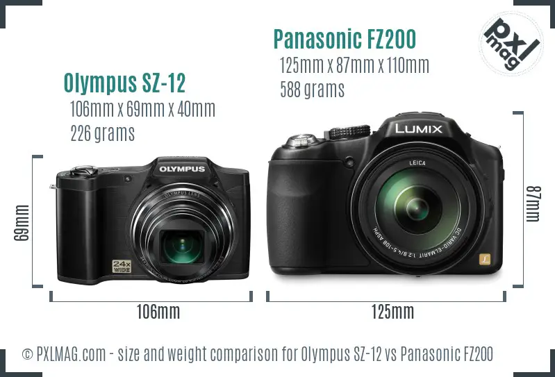 Olympus SZ-12 vs Panasonic FZ200 size comparison