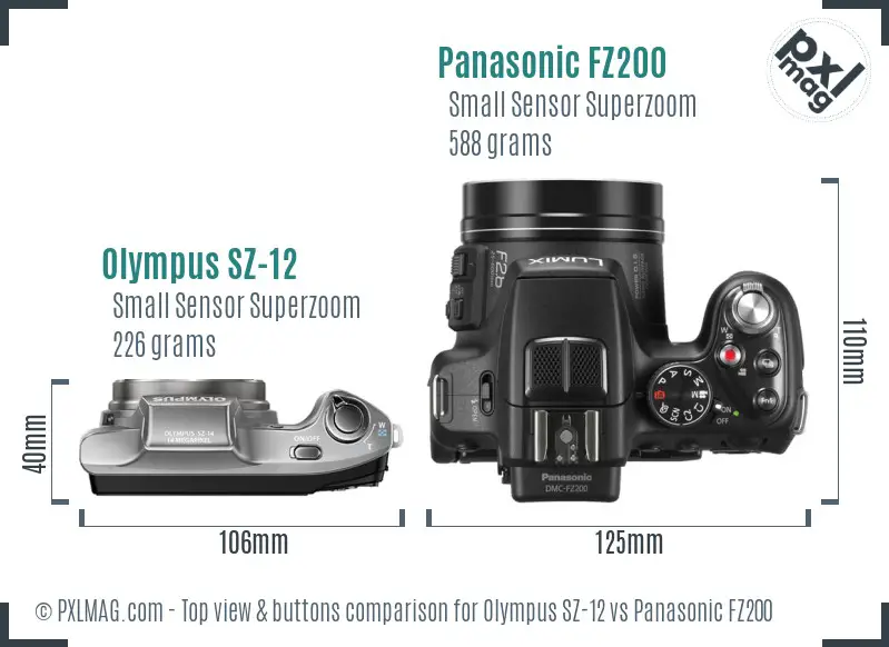 Olympus SZ-12 vs Panasonic FZ200 top view buttons comparison