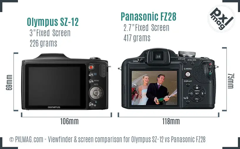 Olympus SZ-12 vs Panasonic FZ28 Screen and Viewfinder comparison