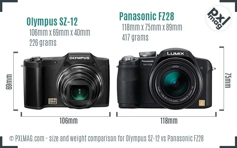 Olympus SZ-12 vs Panasonic FZ28 size comparison