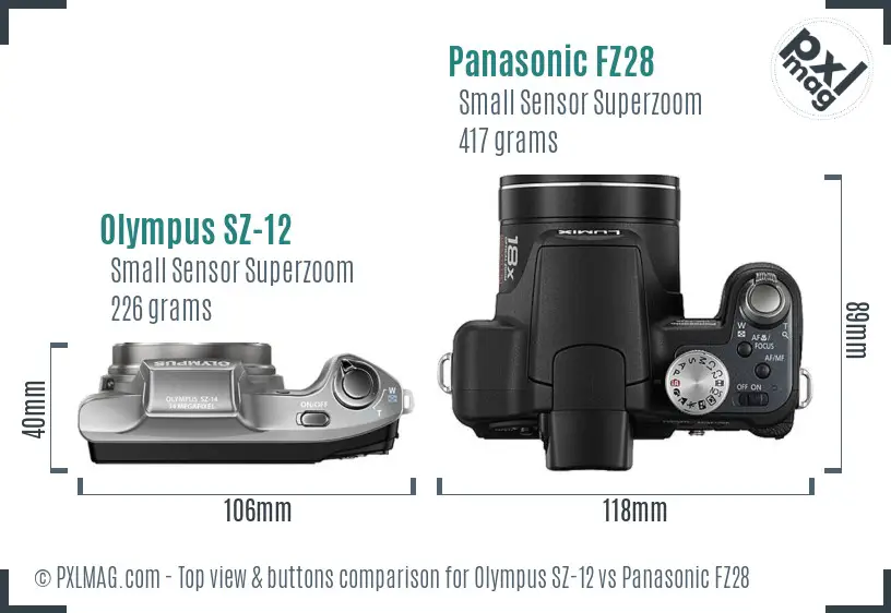 Olympus SZ-12 vs Panasonic FZ28 top view buttons comparison