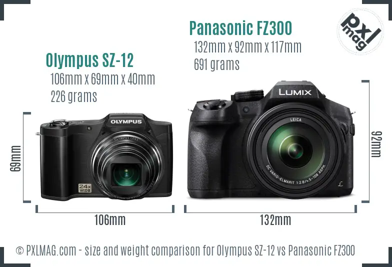 Olympus SZ-12 vs Panasonic FZ300 size comparison Olympus SZ-12 vs Panasonic FZ300 size comparison