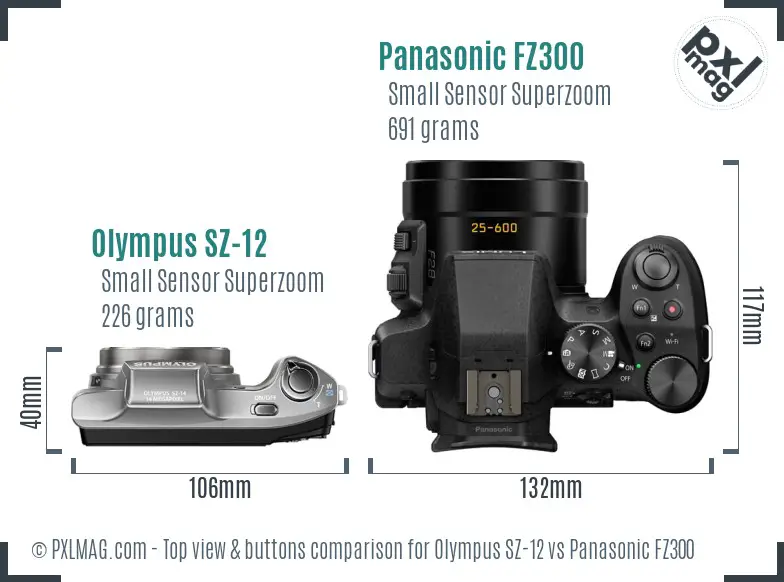 Olympus SZ-12 vs Panasonic FZ300 top view buttons comparison Olympus SZ-12 vs Panasonic FZ300 top view buttons comparison