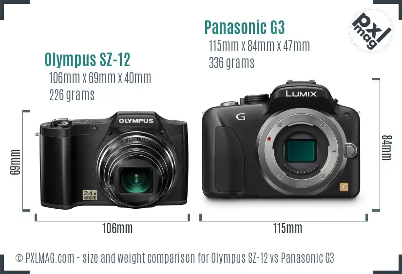 Olympus SZ-12 vs Panasonic G3 size comparison