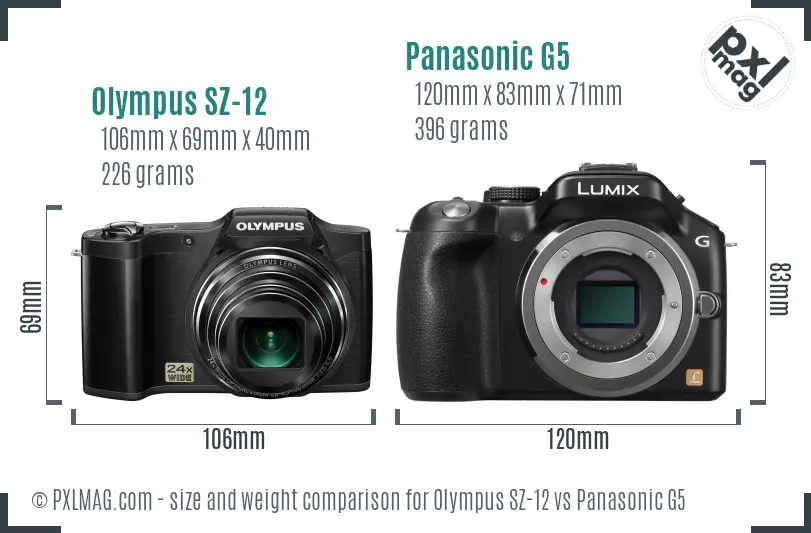 Olympus SZ-12 vs Panasonic G5 size comparison