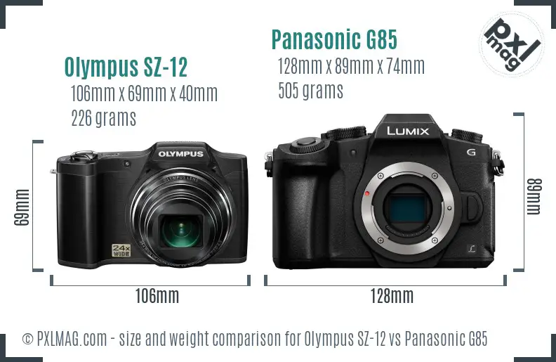 Olympus SZ-12 vs Panasonic G85 size comparison