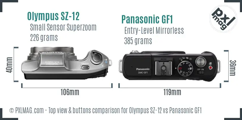 Olympus SZ-12 vs Panasonic GF1 top view buttons comparison