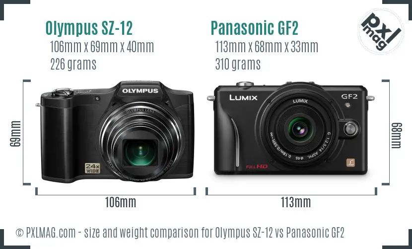 Olympus SZ-12 vs Panasonic GF2 size comparison