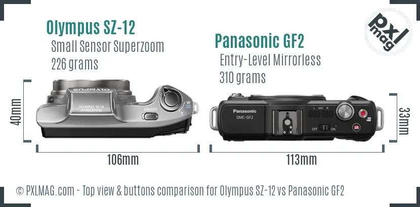 Olympus SZ-12 vs Panasonic GF2 top view buttons comparison