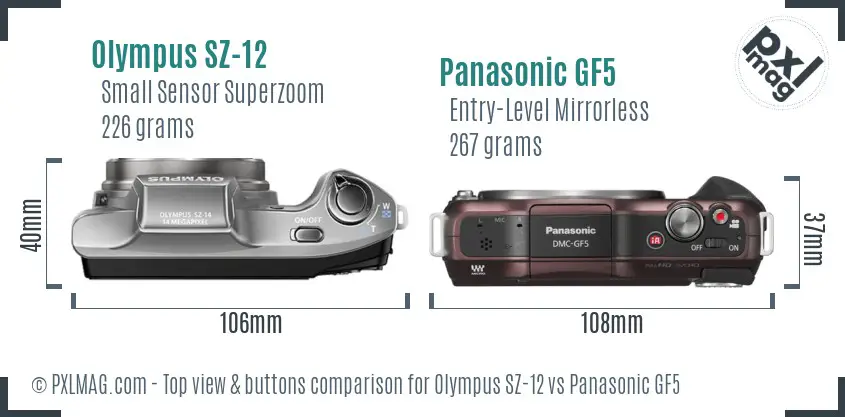 Olympus SZ-12 vs Panasonic GF5 top view buttons comparison