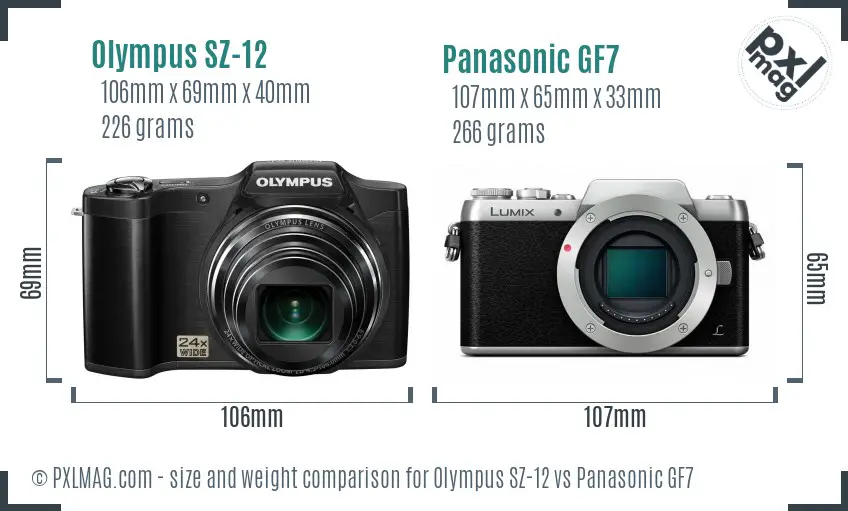 Olympus SZ-12 vs Panasonic GF7 size comparison