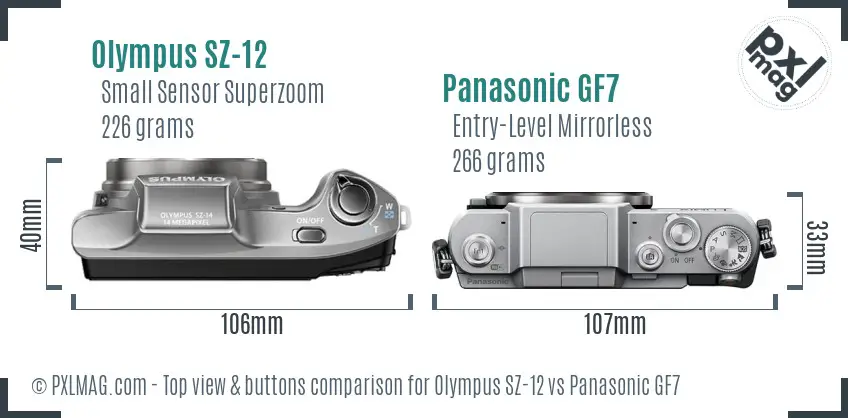 Olympus SZ-12 vs Panasonic GF7 top view buttons comparison