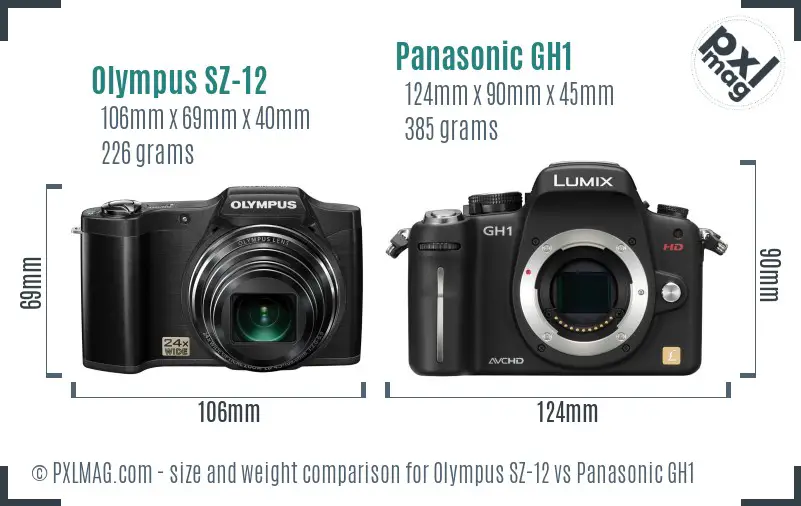 Olympus SZ-12 vs Panasonic GH1 size comparison