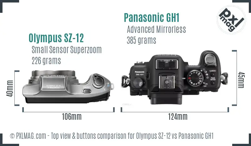 Olympus SZ-12 vs Panasonic GH1 top view buttons comparison