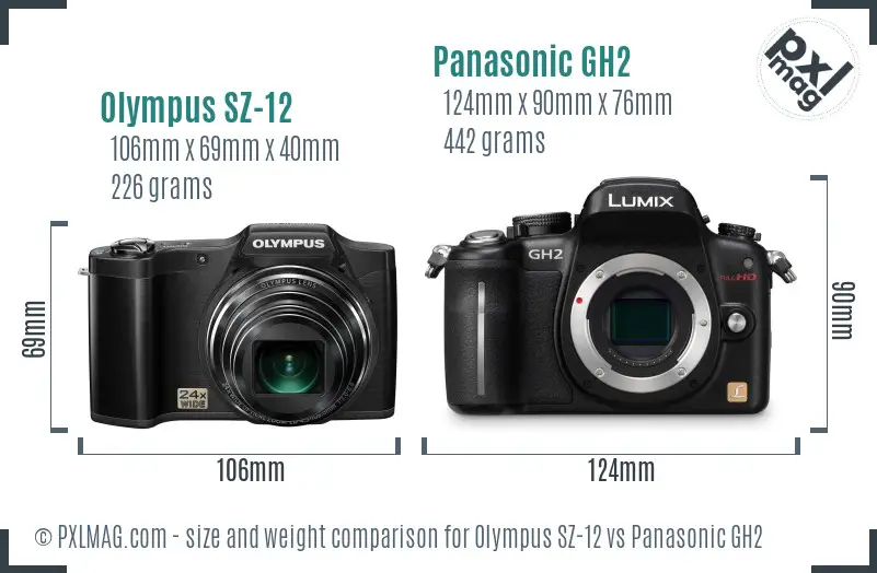 Olympus SZ-12 vs Panasonic GH2 size comparison