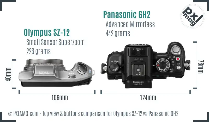 Olympus SZ-12 vs Panasonic GH2 top view buttons comparison