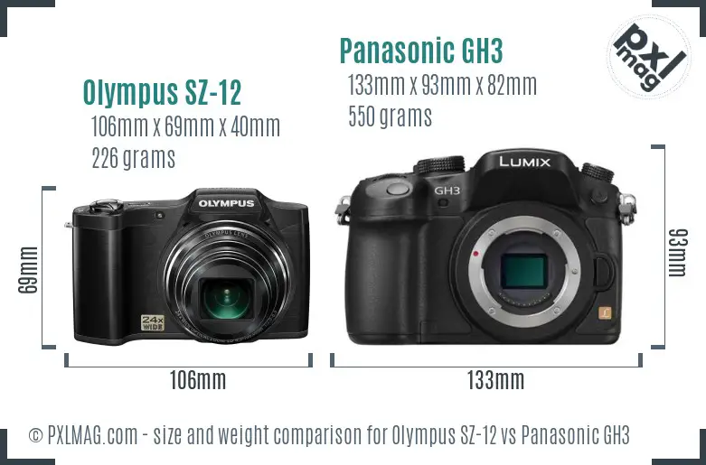 Olympus SZ-12 vs Panasonic GH3 size comparison