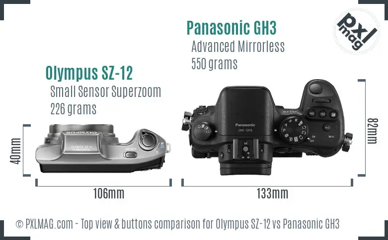 Olympus SZ-12 vs Panasonic GH3 top view buttons comparison