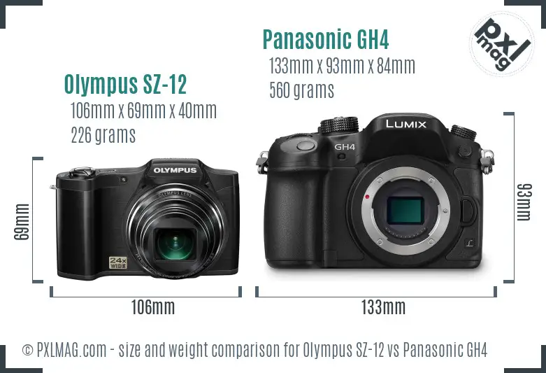 Olympus SZ-12 vs Panasonic GH4 size comparison