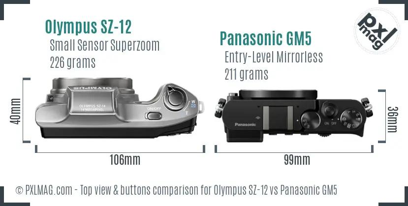 Olympus SZ-12 vs Panasonic GM5 top view buttons comparison