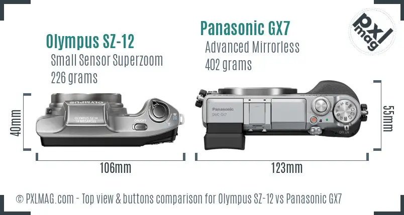 Olympus SZ-12 vs Panasonic GX7 top view buttons comparison