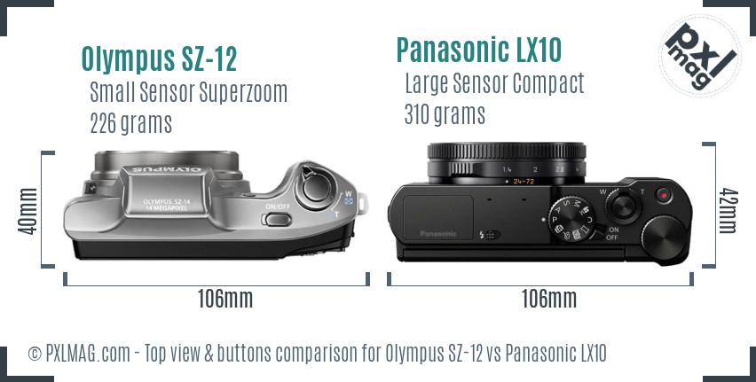 Olympus SZ-12 vs Panasonic LX10 top view buttons comparison