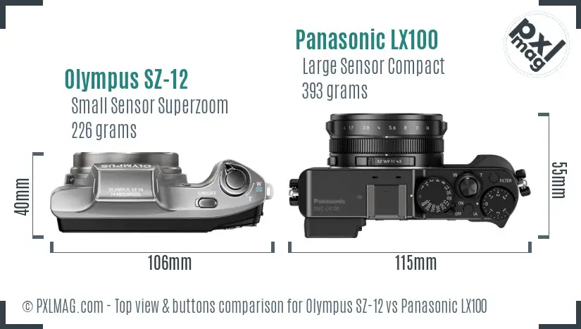 Olympus SZ-12 vs Panasonic LX100 top view buttons comparison